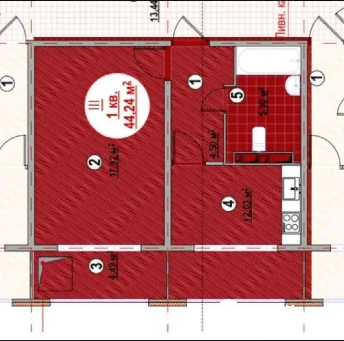 1-к. квартира, 44 м² — фото 5