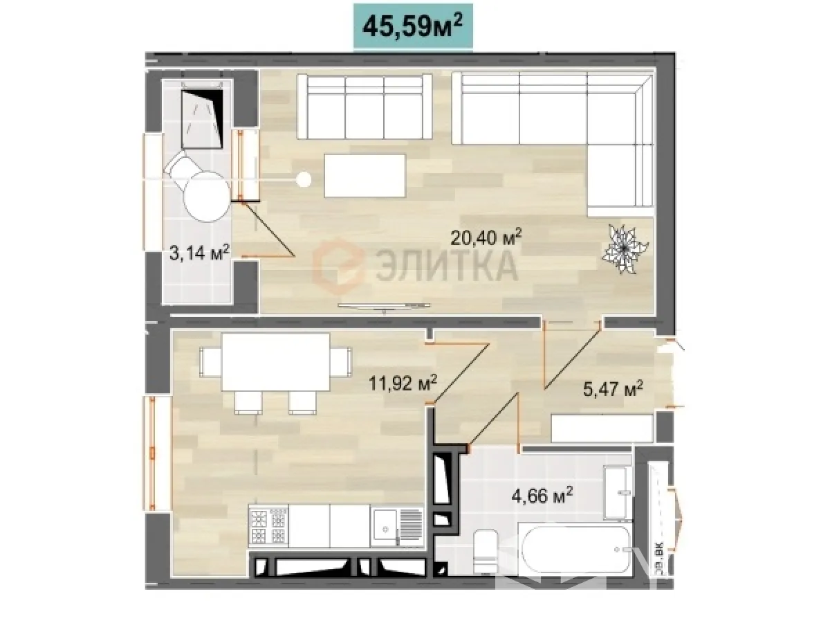 1-к. квартира, 46 м²
