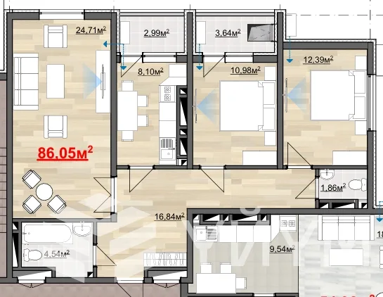 3-к. квартира, 86 м²