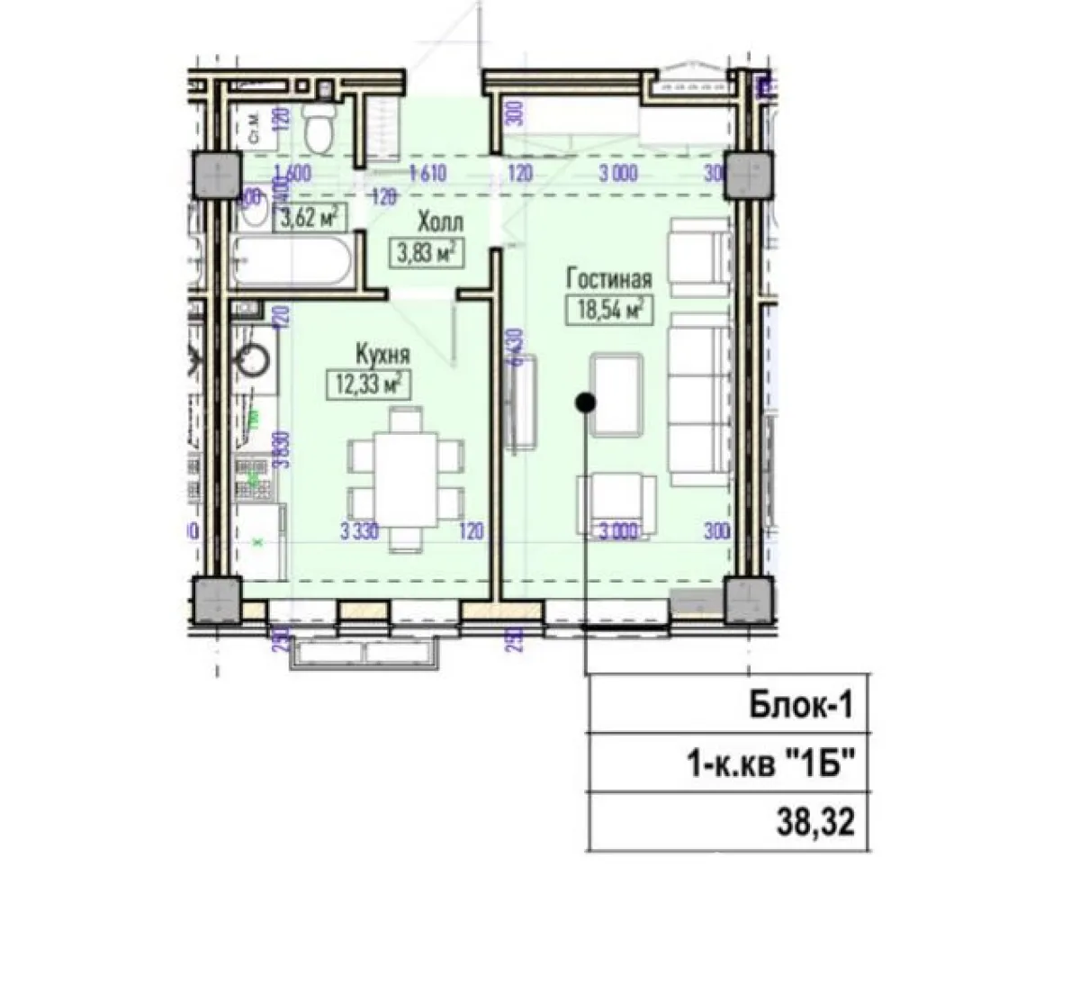 1-к. квартира, 38 м² — фото 1
