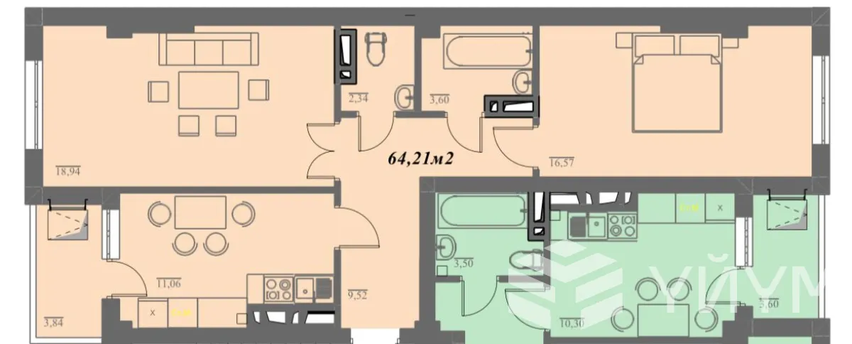 2-к. квартира, 64 м²