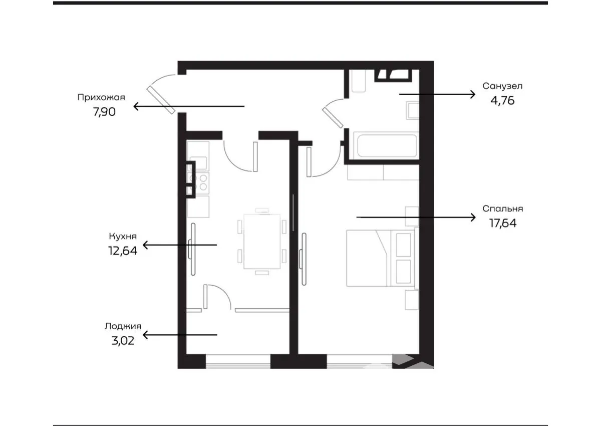 1-к. квартира, 46 м²