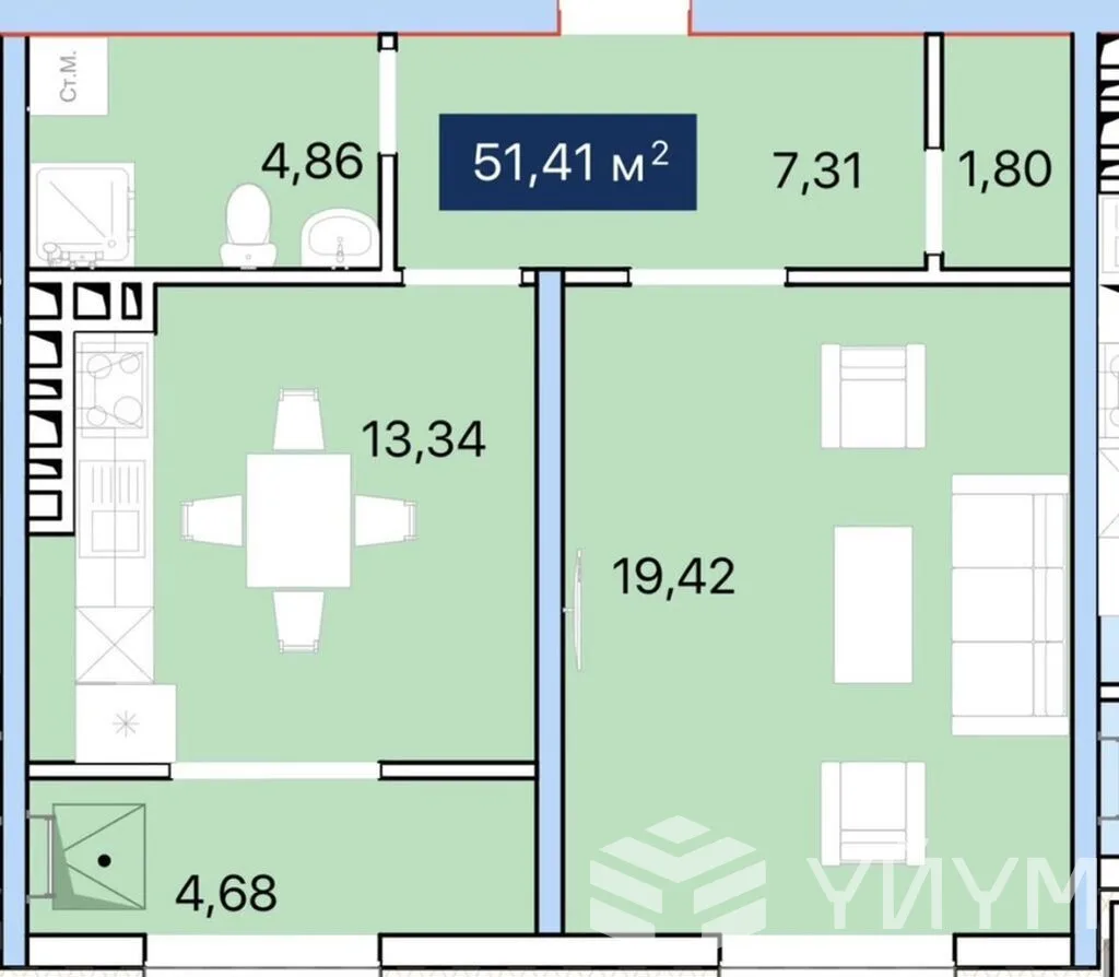 1-к. квартира, 51 м²