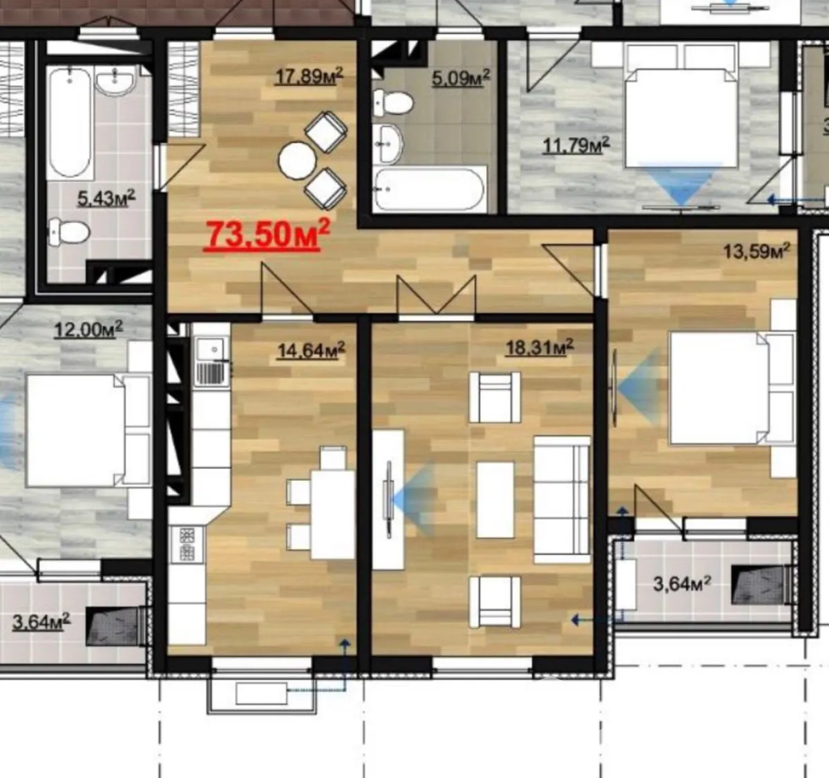 2-к. квартира, 73 м² — фото 1